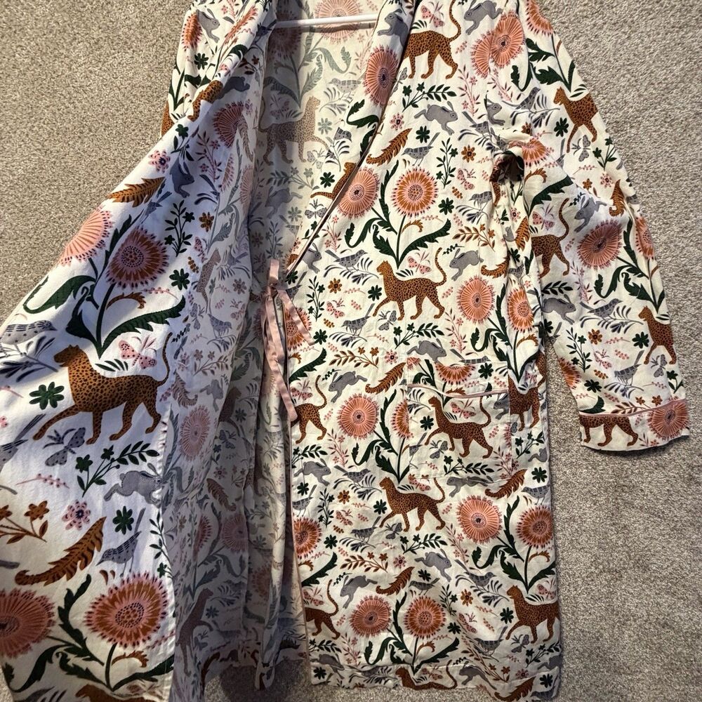 Boden Cotton Dressing Gown Robe L Large Leopard Sunflower Whimsical Cottagecore - Picture 4 of 10